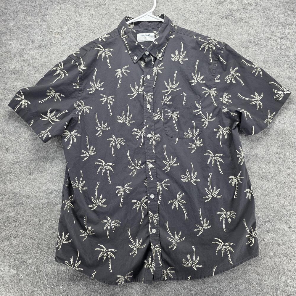 Old Navy Shirt Mens L Black Graphic Cotton Spandex Short Sleeve Button Up